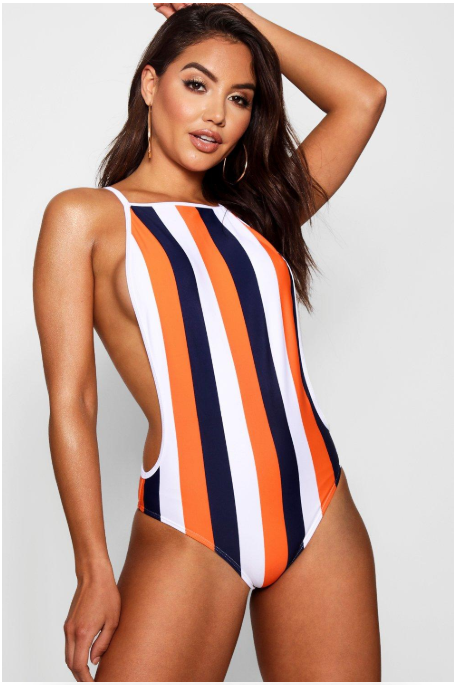 Combine vertical stripes with a one piece swimsuit and you have this universally flattering swimsuit from boohoo.