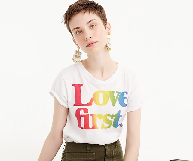 Person wearing a J.Crew shirt that supports Pride Month