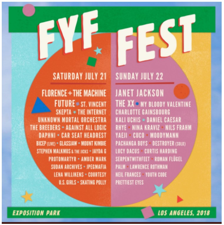 A promotional image for the cancelled FYF Fest featuring the musical artist lineup.