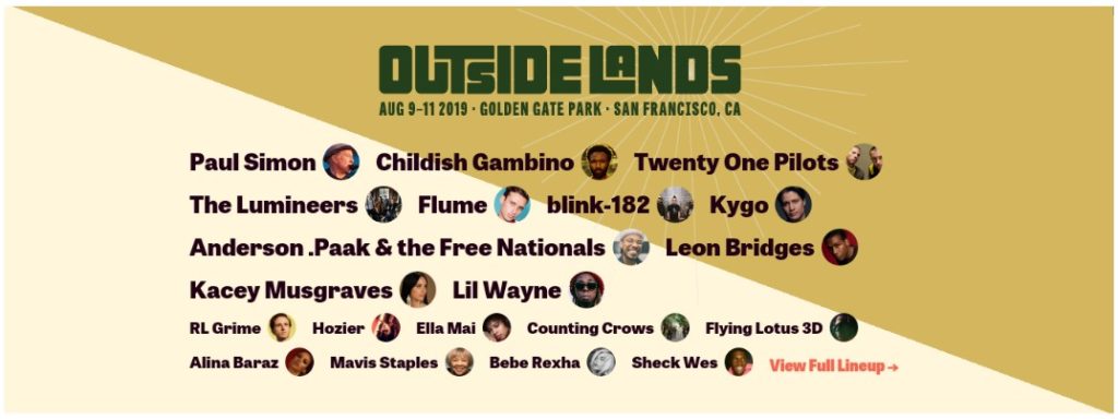 A promotional image that lists the musical artists lineup for Outside Lands music festival in 2019.